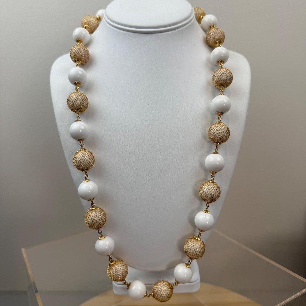 Gold Tone Necklace White Mesh Bead Statement Mid Century‎ Glam